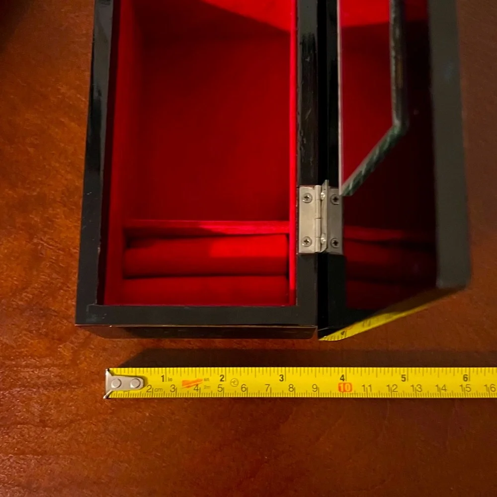 Japanese Vintage Fuji Black Lacquer Music Jewelry Box with Mirror inside.